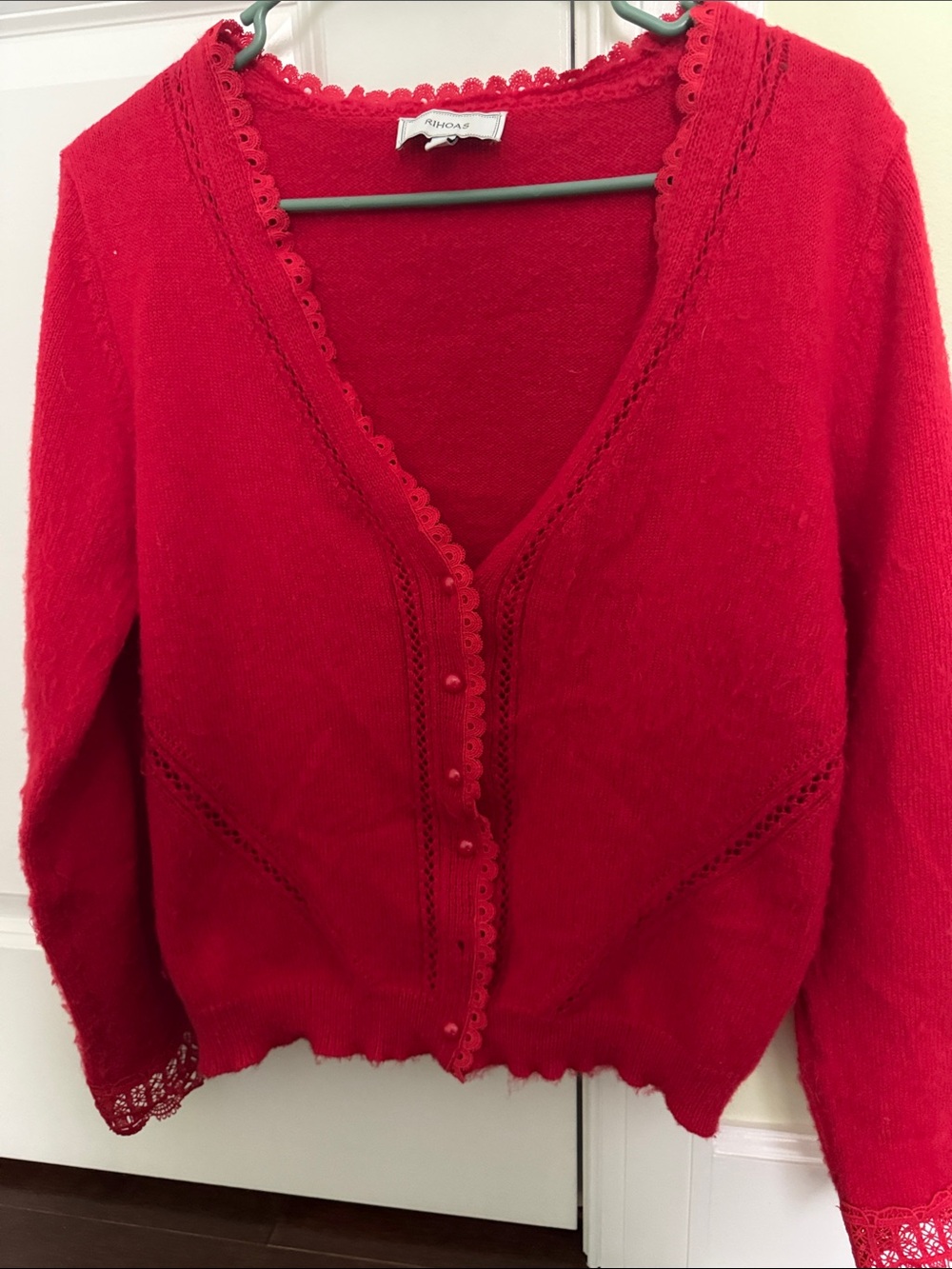 RIHOAS Bright Red V-Neck Button Crochet-Trim Cardigan Sweater